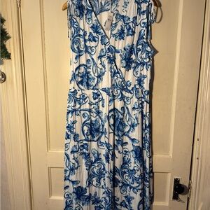 LOFT Blue and White Patterned Midi Dress